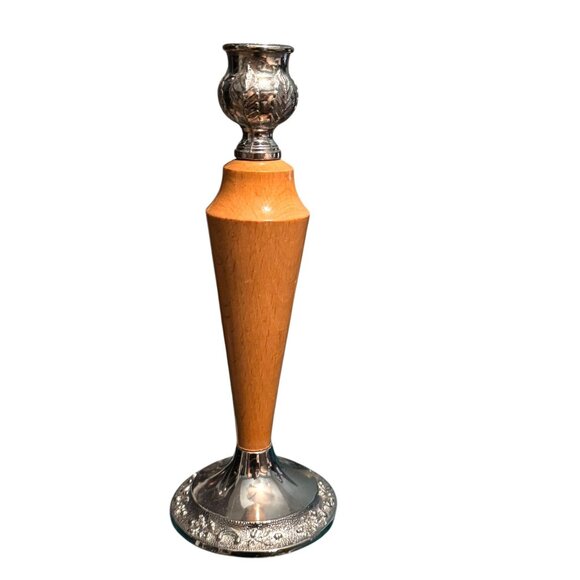 Pair Of Vintage English Silver Plate & Wood 8" Tall Candle Holders - Picture 4 of 9